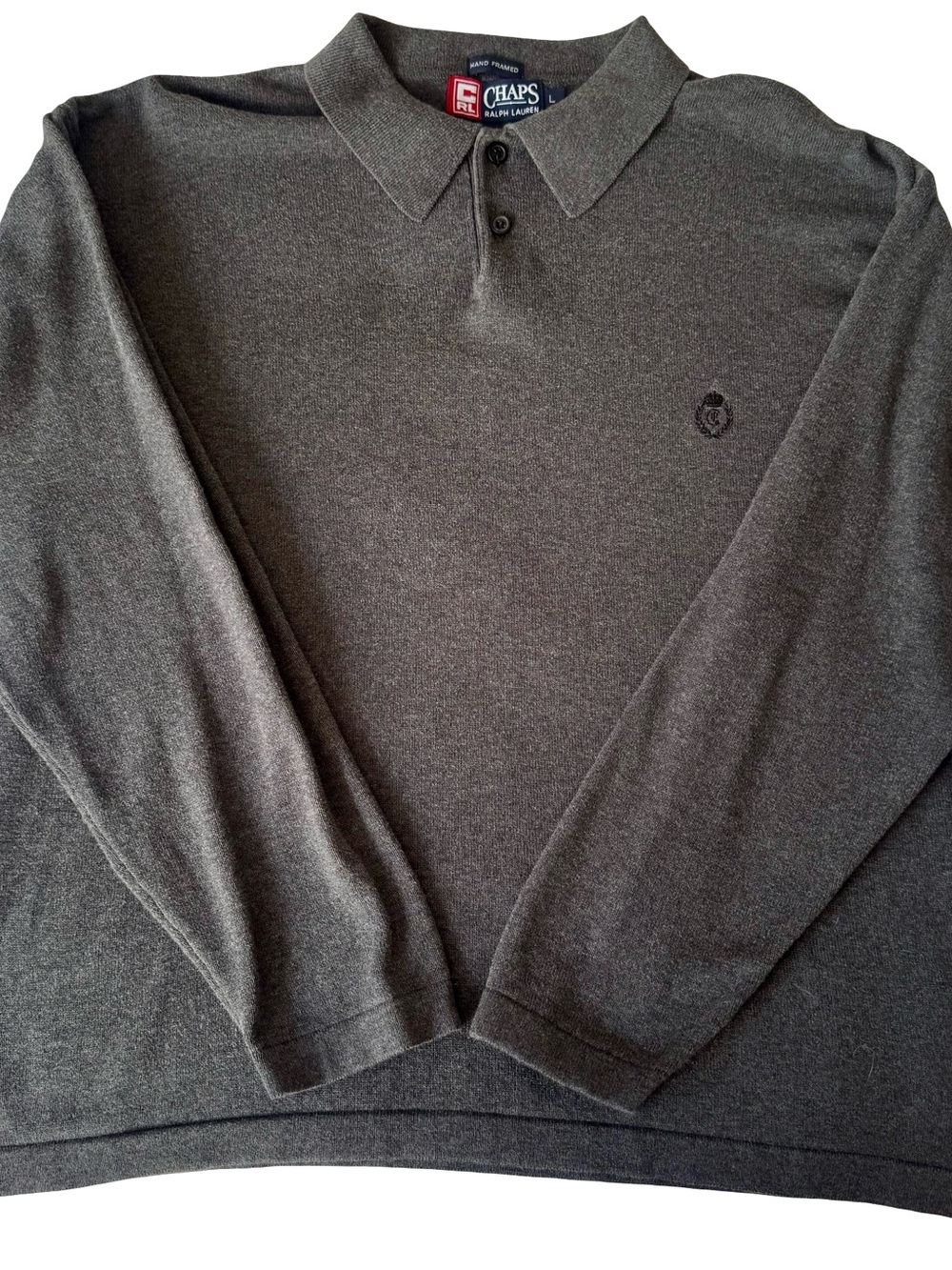 VTG Chaps Ralph Lauren Men's Gray Charcoal Knit Long Sleeve Polo Shirt Size L